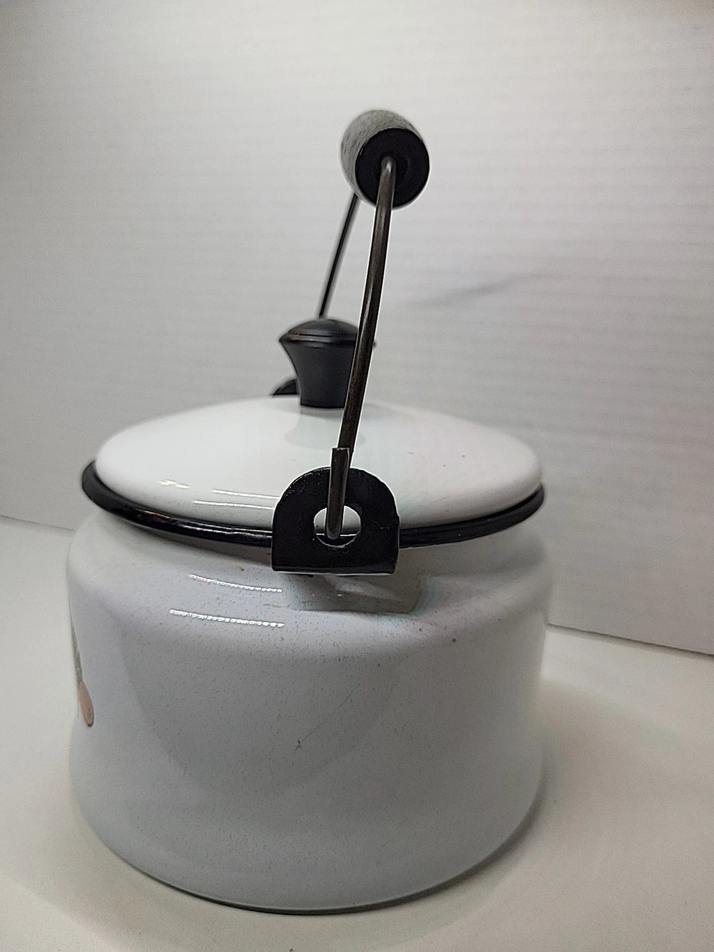 Vintage Bergren Swedish White Tin Enamelware 1960’s Tea Kettle with Fruit design