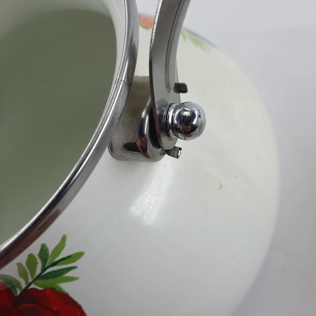 The Pioneer Woman  Enamel Tea Pot 11x9 Inches White & Red Floral Cool Handle EUC