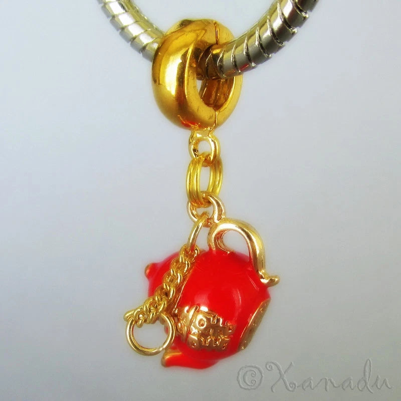 Red And Gold Double Happiness Asian Teapot European Pendant Charm Necklace
