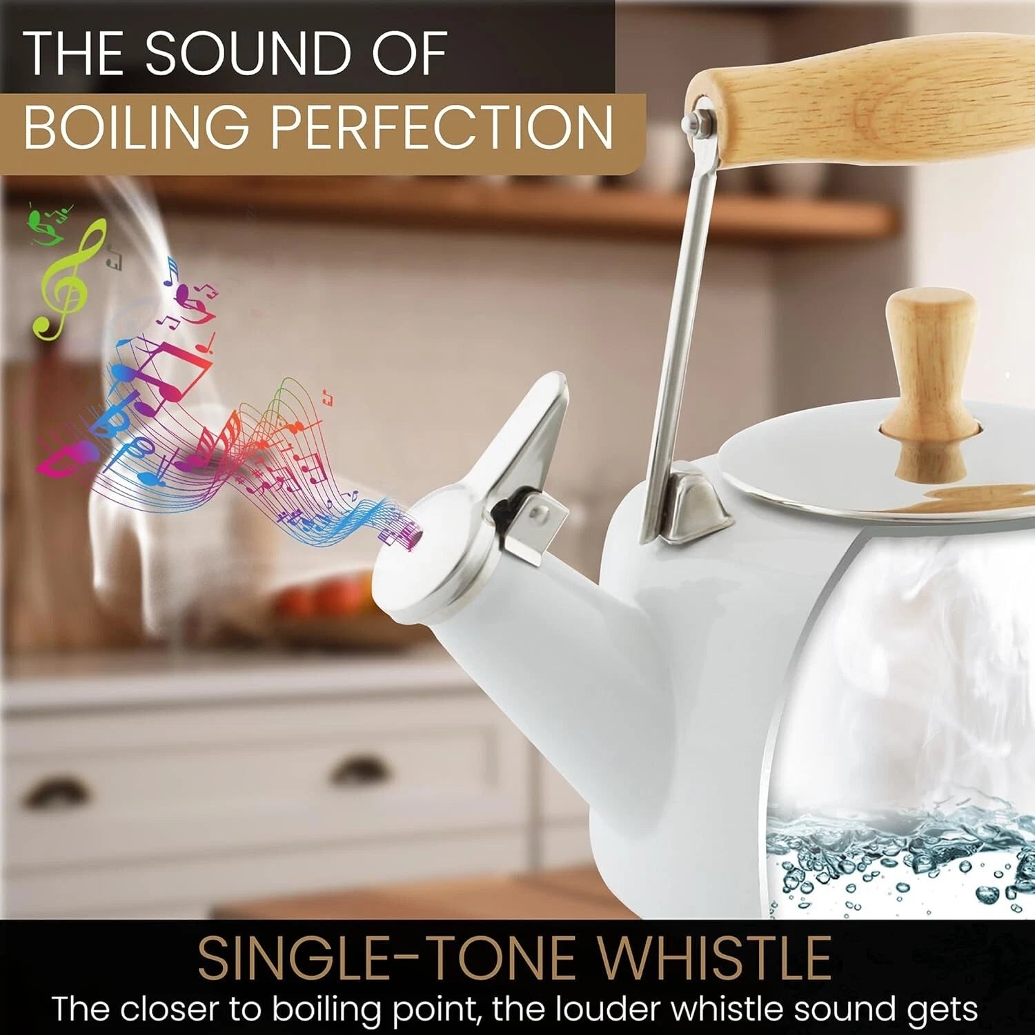 Elegant 1.4 Qt Black Enamel Whistling Teakettle with Rubberwood Stay-Cool Handle