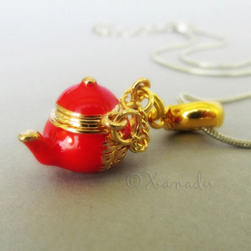 Red And Gold Double Happiness Asian Teapot European Pendant Charm Necklace