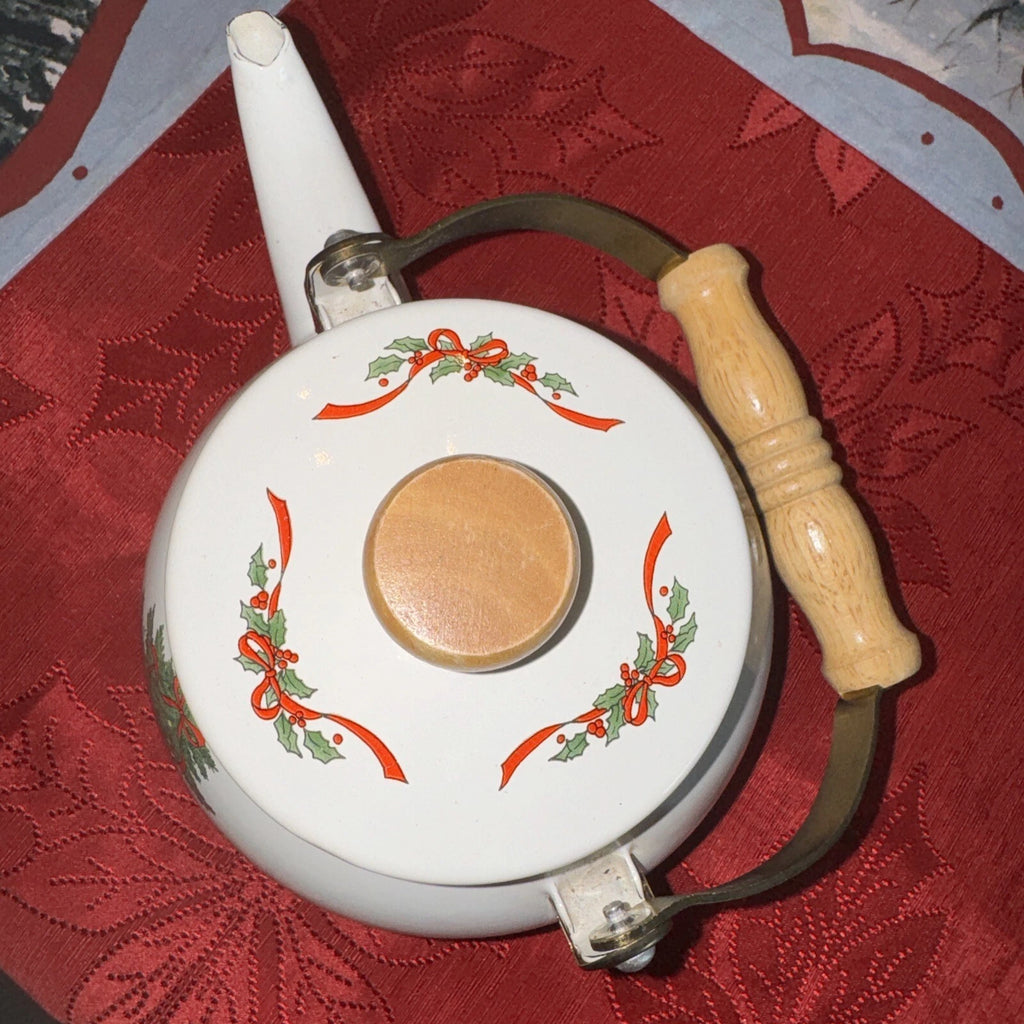 Christmas Tea Pot Vtg Enamel Wood Handle Christmas Tree Holiday Decor Kettle