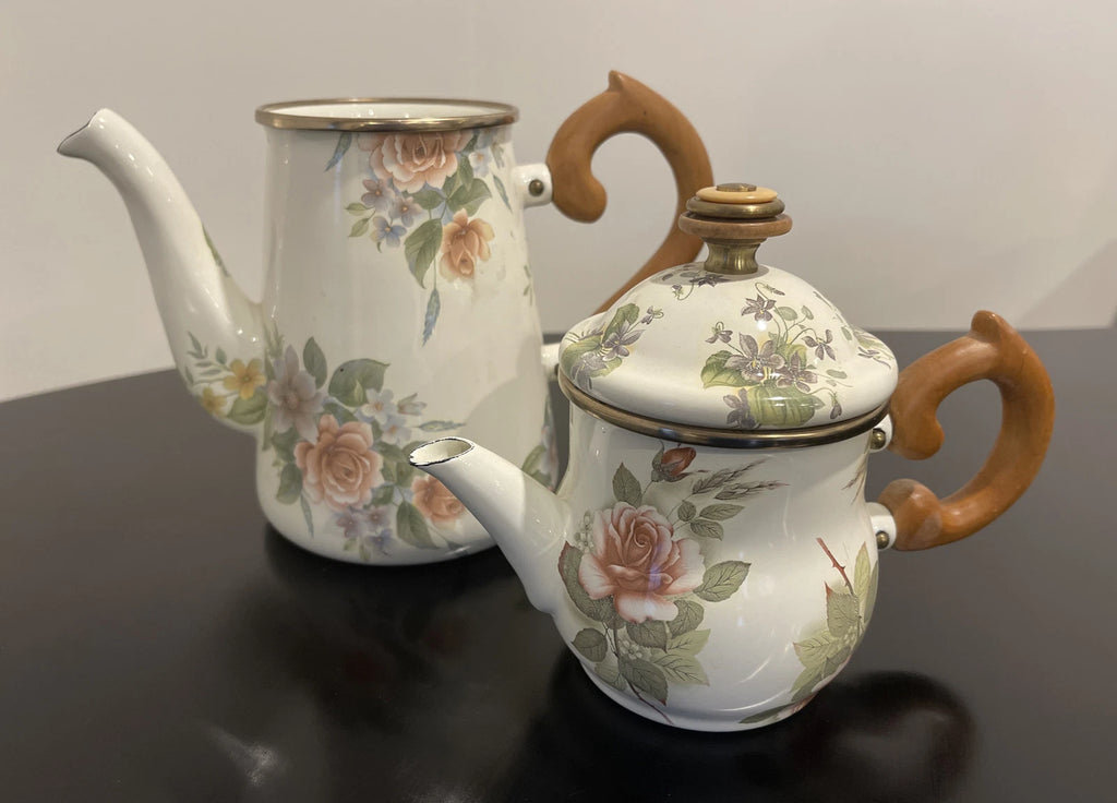 MacKenzie Childs Stacked Camp Yellow Roses Enamel Teapot & Cream