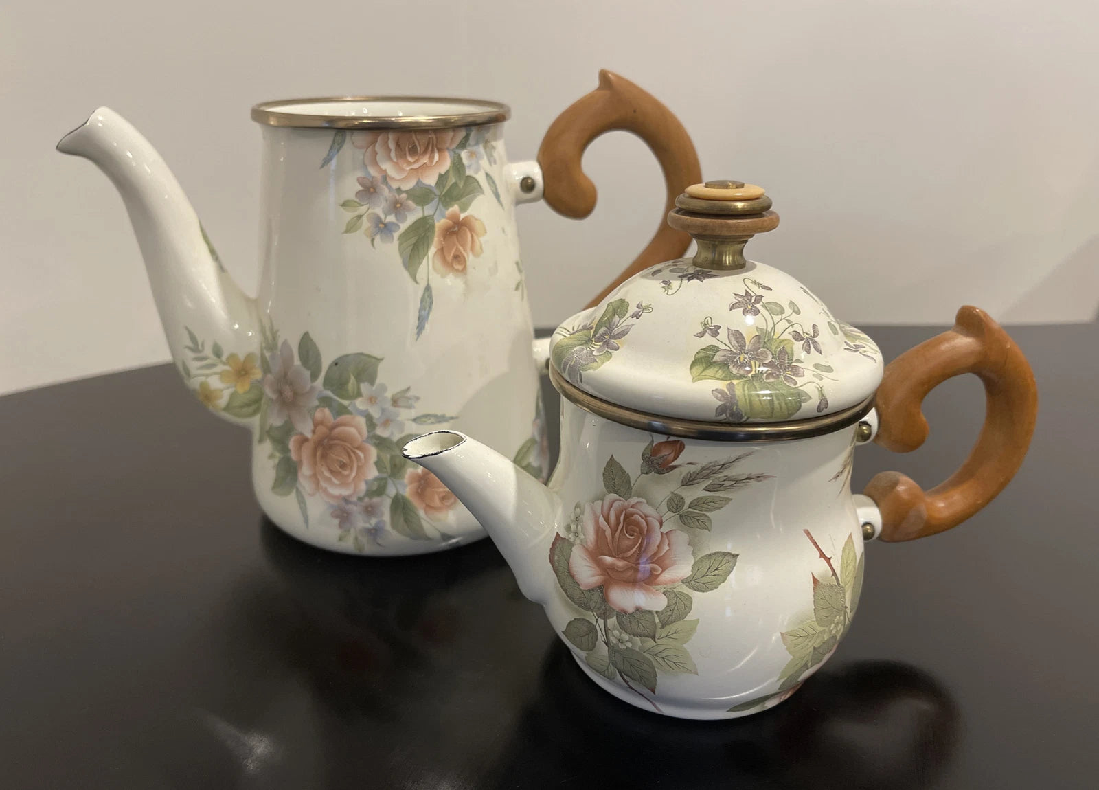 MacKenzie Childs Stacked Camp Yellow Roses Enamel Teapot & Cream