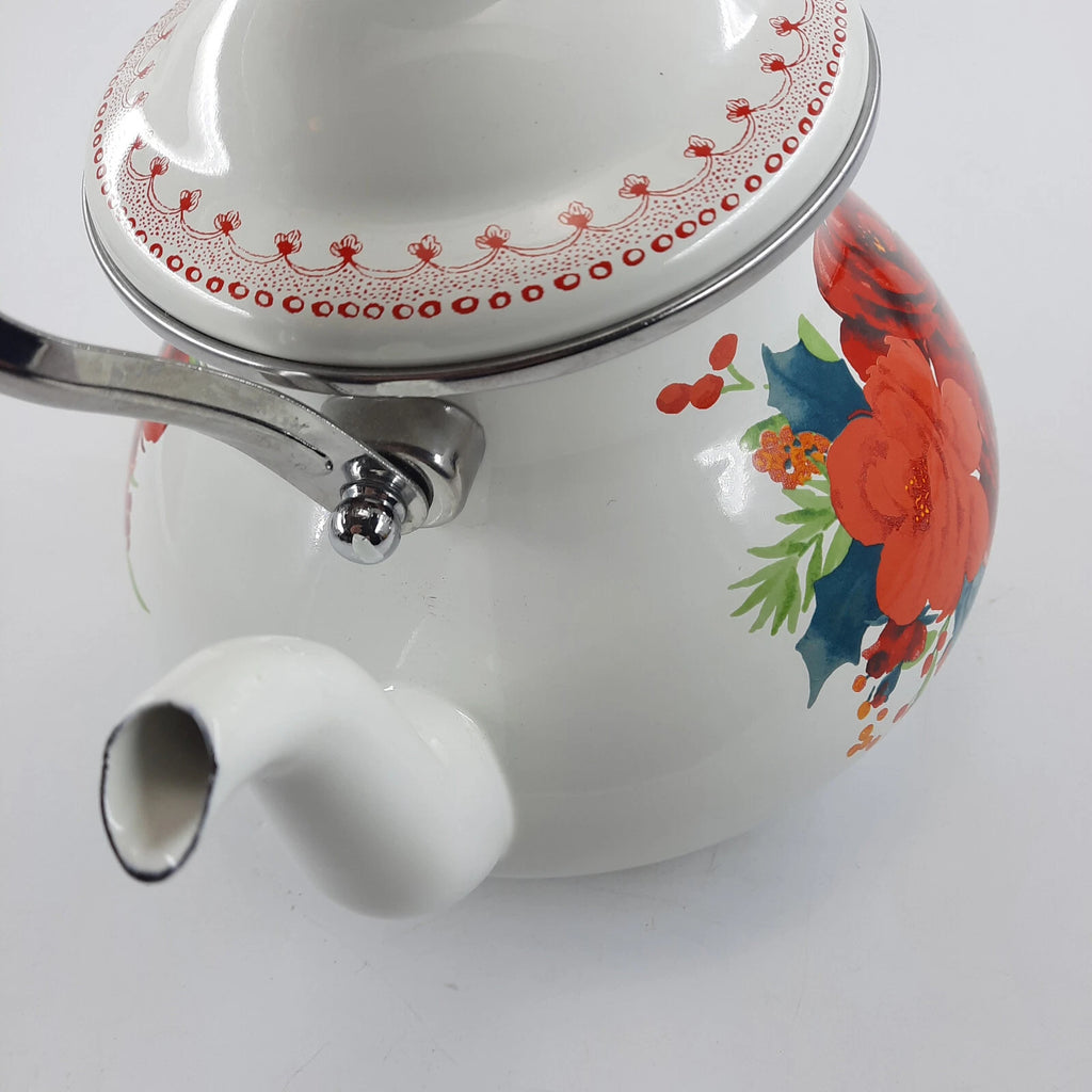 The Pioneer Woman  Enamel Tea Pot 11x9 Inches White & Red Floral Cool Handle EUC