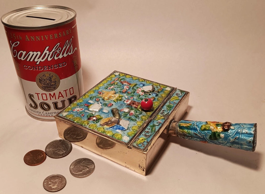 CRUMB CATCHER vtg chinese blue enamel cloisonne coin box teapot vase urn book