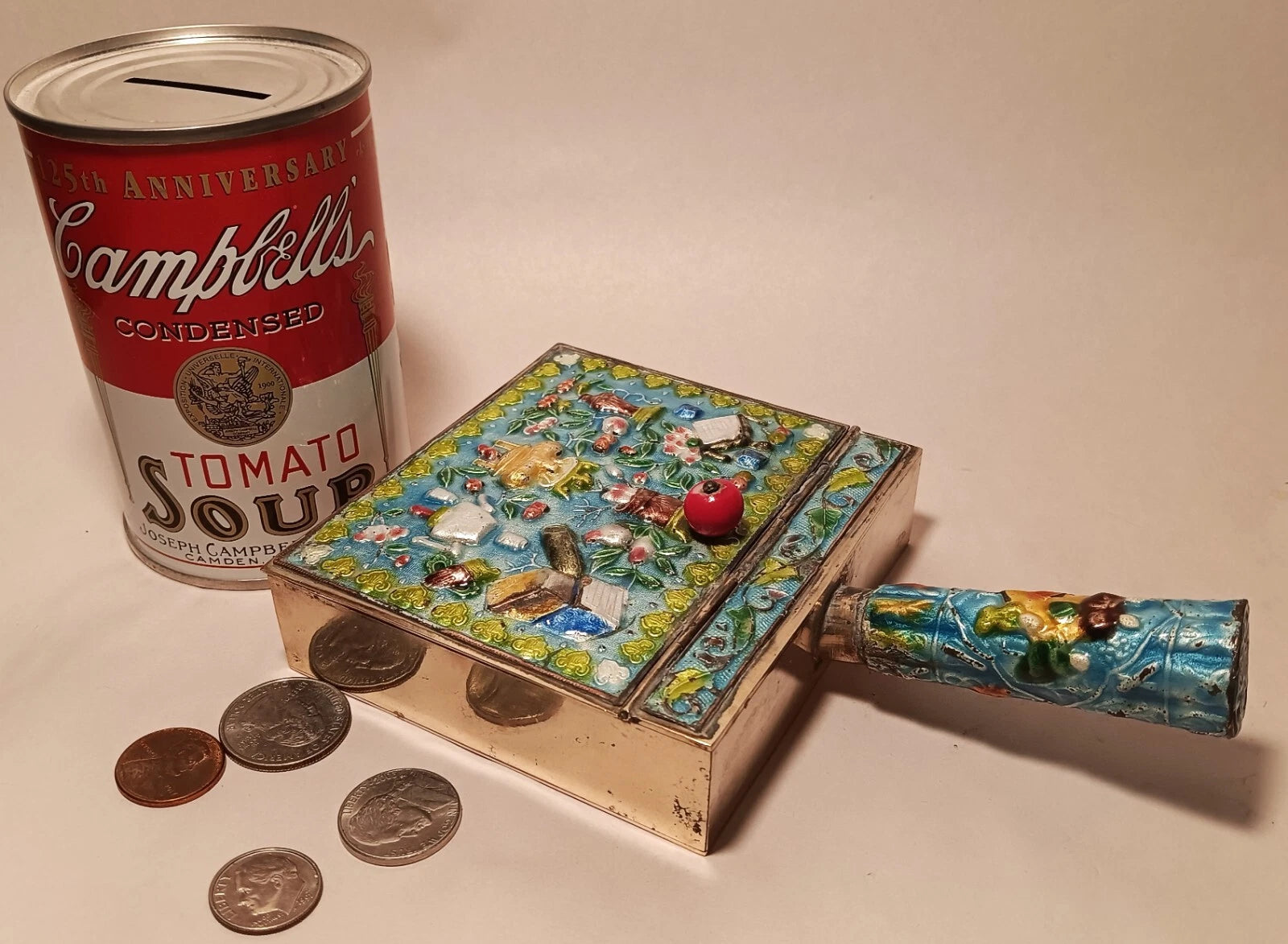 CRUMB CATCHER vtg chinese blue enamel cloisonne coin box teapot vase urn book