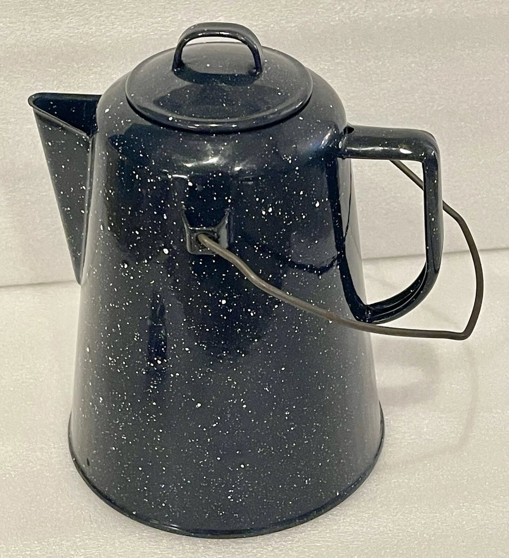 Vintage Black Speckled Graniteware 8 cup Camping Farmhouse Coffee Pot with lid