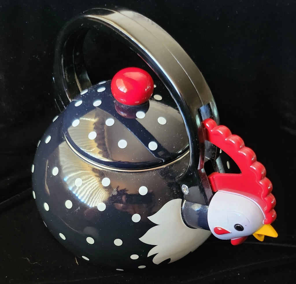 New Supreme Housewares Novelty Enamel Whistling Rooster Tea Kettle, Poka-dot