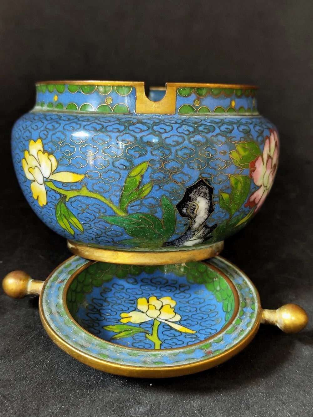 Chinese Antique Cloisonne Bowl Enamel Flowers Fine with Lid