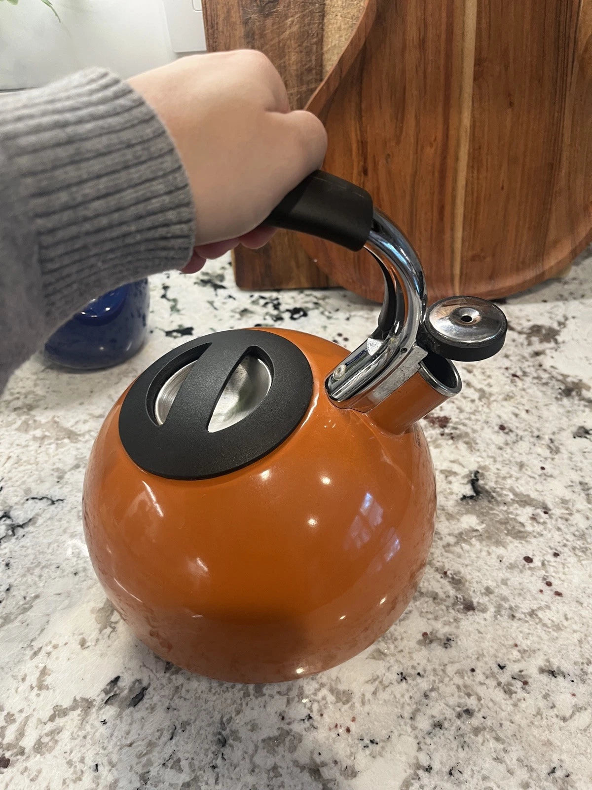 Vintage Copco Orange Enamel Whistling Tea Kettle Model 0706 Arc Handle