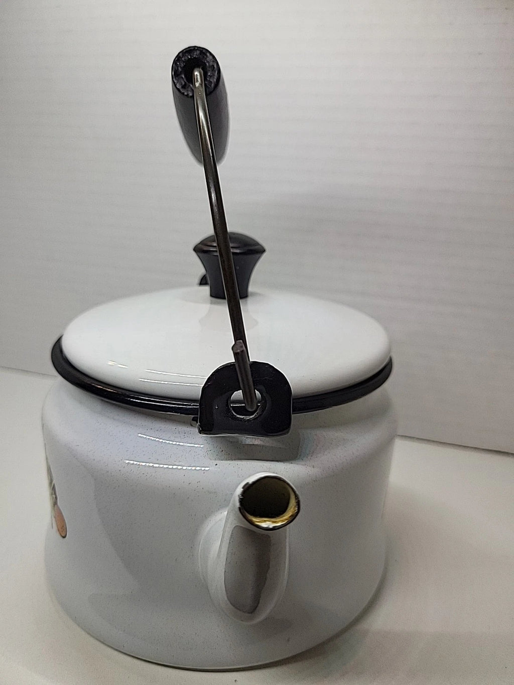 Vintage Bergren Swedish White Tin Enamelware 1960’s Tea Kettle with Fruit design