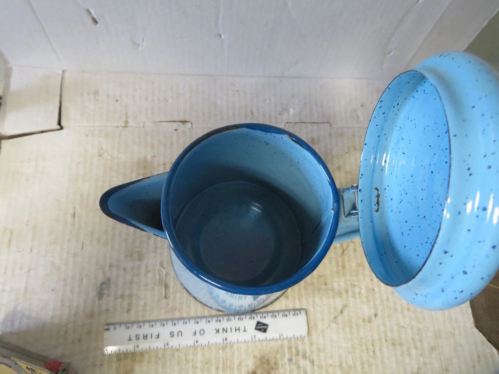 Vintage 6 Cup Blue Enamel Coffee Pot 7.75" Tall Collectible Enamelware Speckled