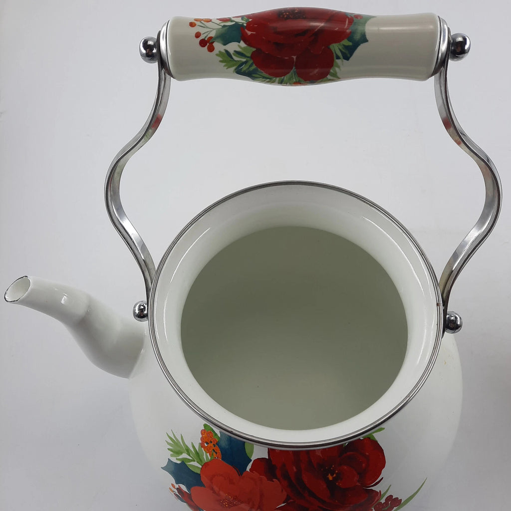 The Pioneer Woman  Enamel Tea Pot 11x9 Inches White & Red Floral Cool Handle EUC