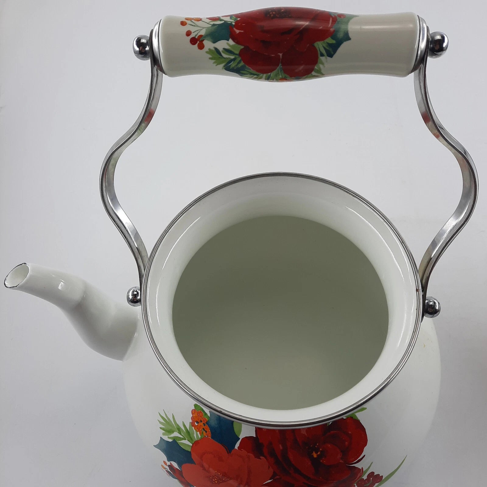 The Pioneer Woman  Enamel Tea Pot 11x9 Inches White & Red Floral Cool Handle EUC