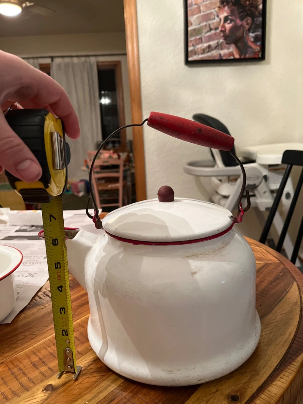 Large vintage enamel tea kettle with matching small basin
