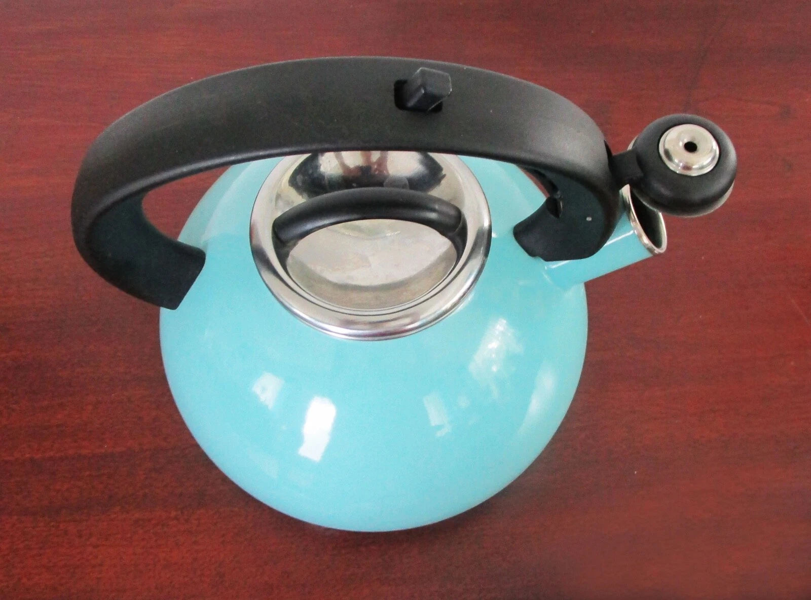 Enamel Tea Kettle Aqua Teal Whistling Black Handle 3 Quart Space Age Design