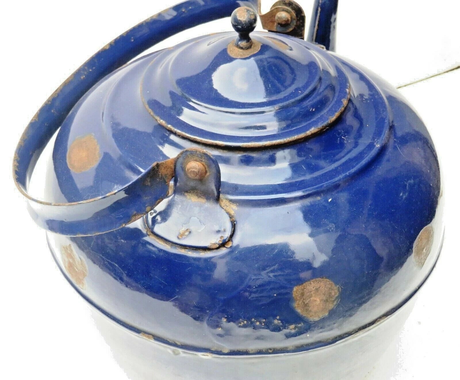 VINTAGE Enamelware tea Kettle Cobalt Blue Color Big size H & C0. Mark