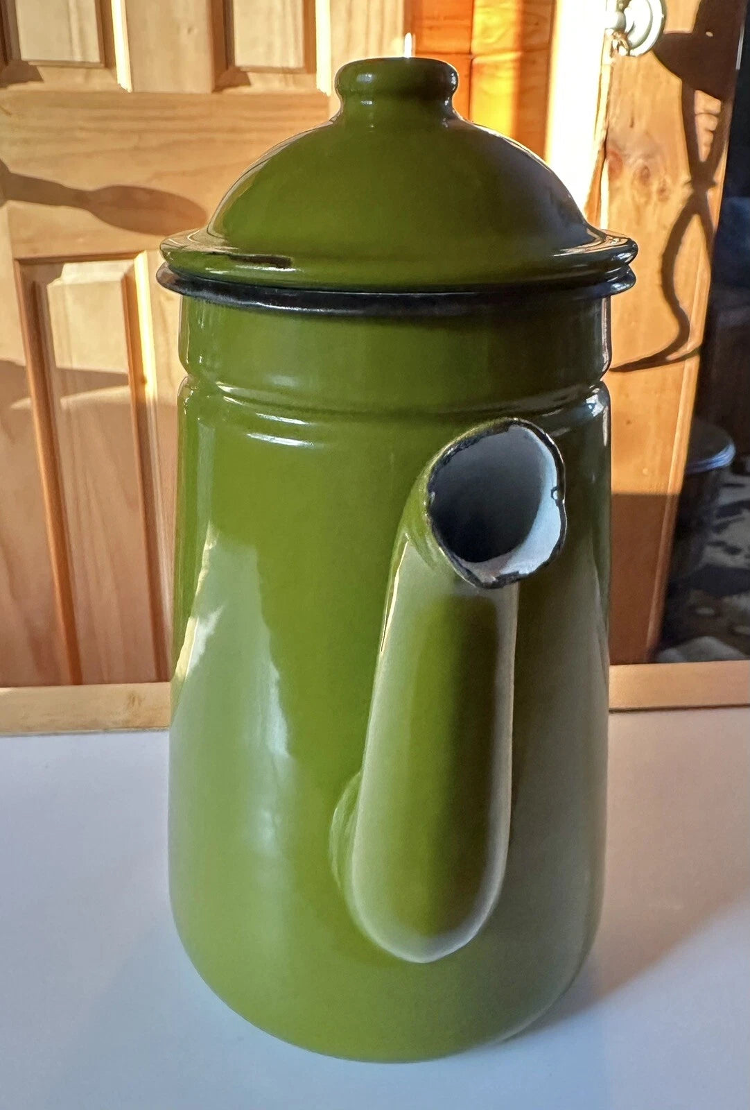 Vintage Green Avocado Graniteware Coffee Pot Black Trim L@@K Chips Tea Pot