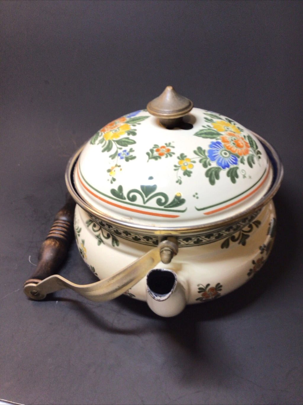 ASTA Enamelware Tea Kettle 1960s Amsterdam Teapot Brass Handles Floral - Germany