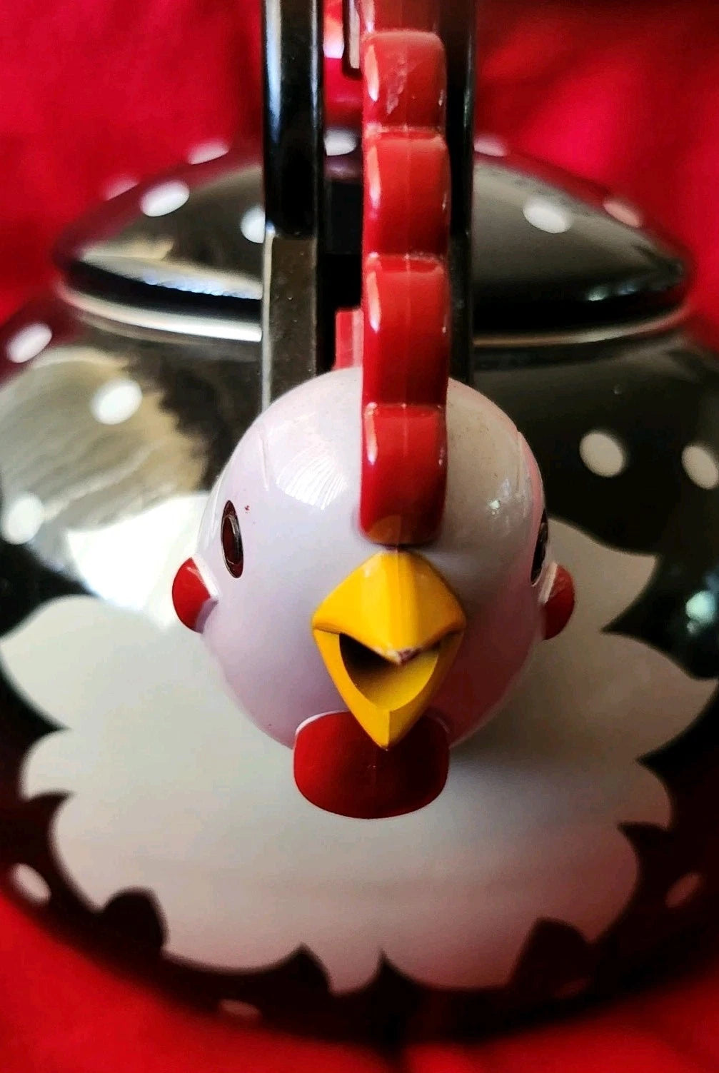 New Supreme Housewares Novelty Enamel Whistling Rooster Tea Kettle, Poka-dot