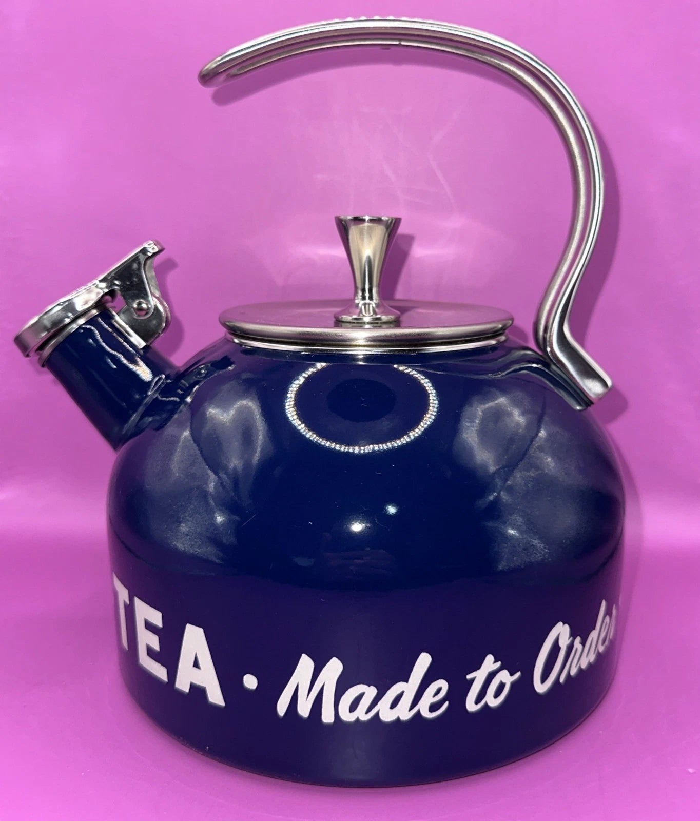 LENOX  KATE SPADE MADE TO ORDER COFFEE TEA KETTLE NAVY BLUE SILVER NICE COND