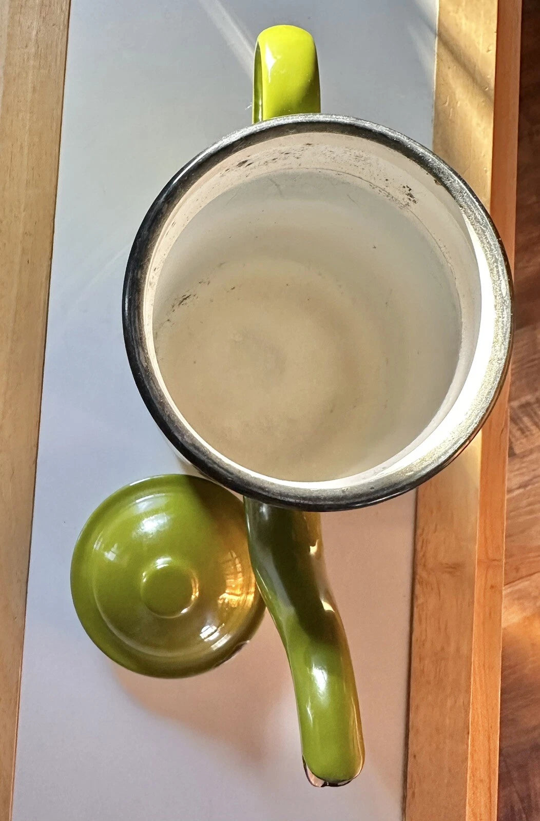 Vintage Green Avocado Graniteware Coffee Pot Black Trim L@@K Chips Tea Pot