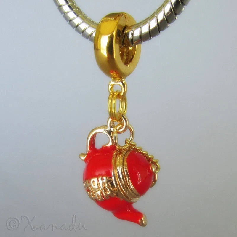 Red And Gold Double Happiness Asian Teapot European Pendant Charm Necklace