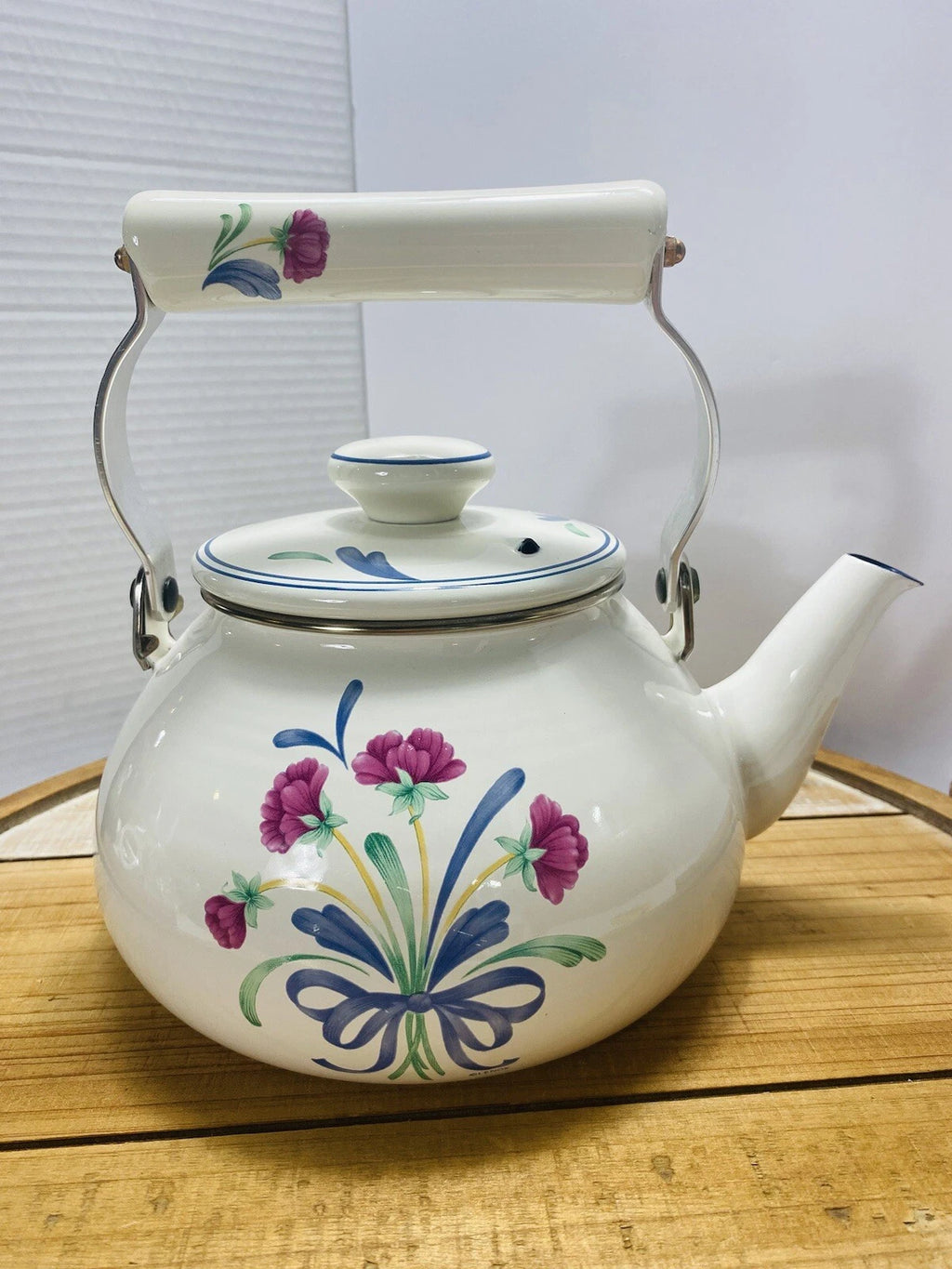 Lenox Poppies on Blue Metal Enamel Tea Kettle Teapot with Lid Nice Condition