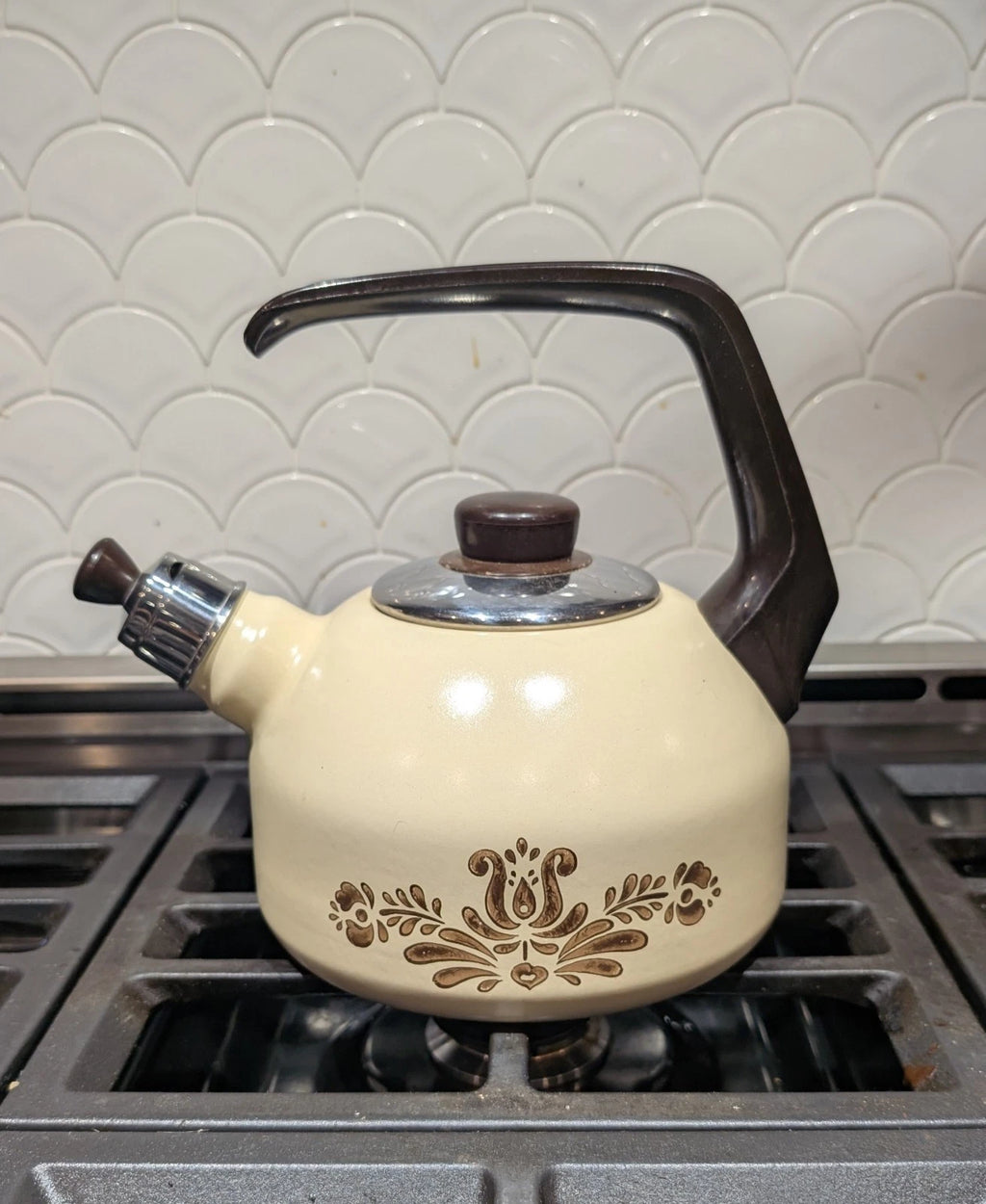 Rare Vintage Pfaltzgraff Village Enamelware Whistling Tea Kettle MCM Tea Pot