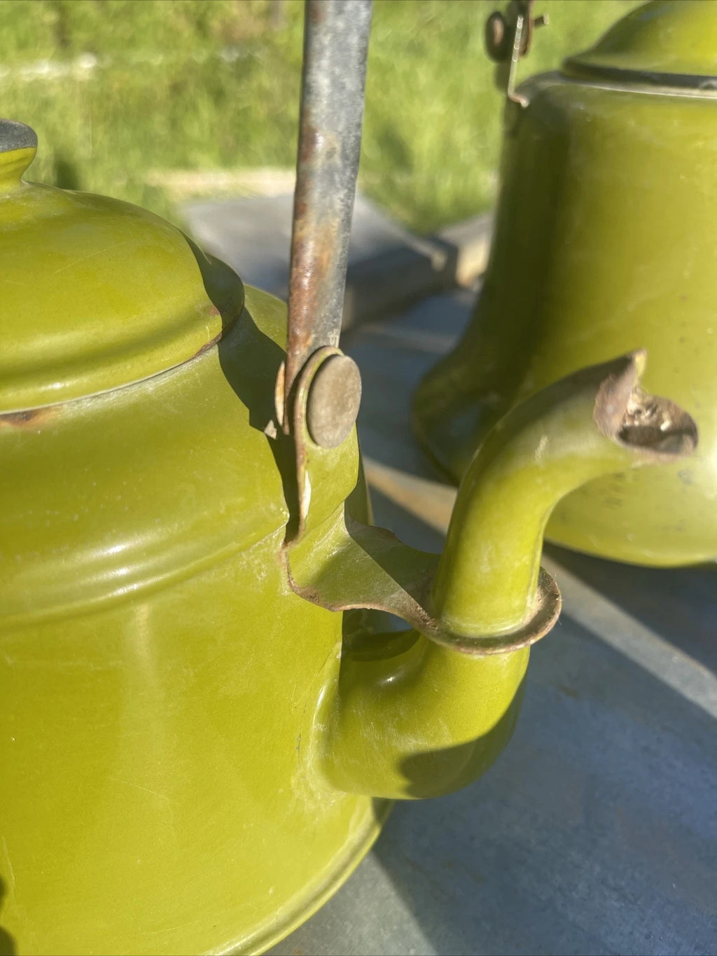 Vintage Collection Of Garden Green Enamelware Tea Pots Cups Container & Tray