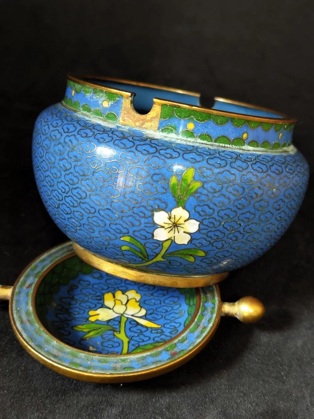 Chinese Antique Cloisonne Bowl Enamel Flowers Fine with Lid