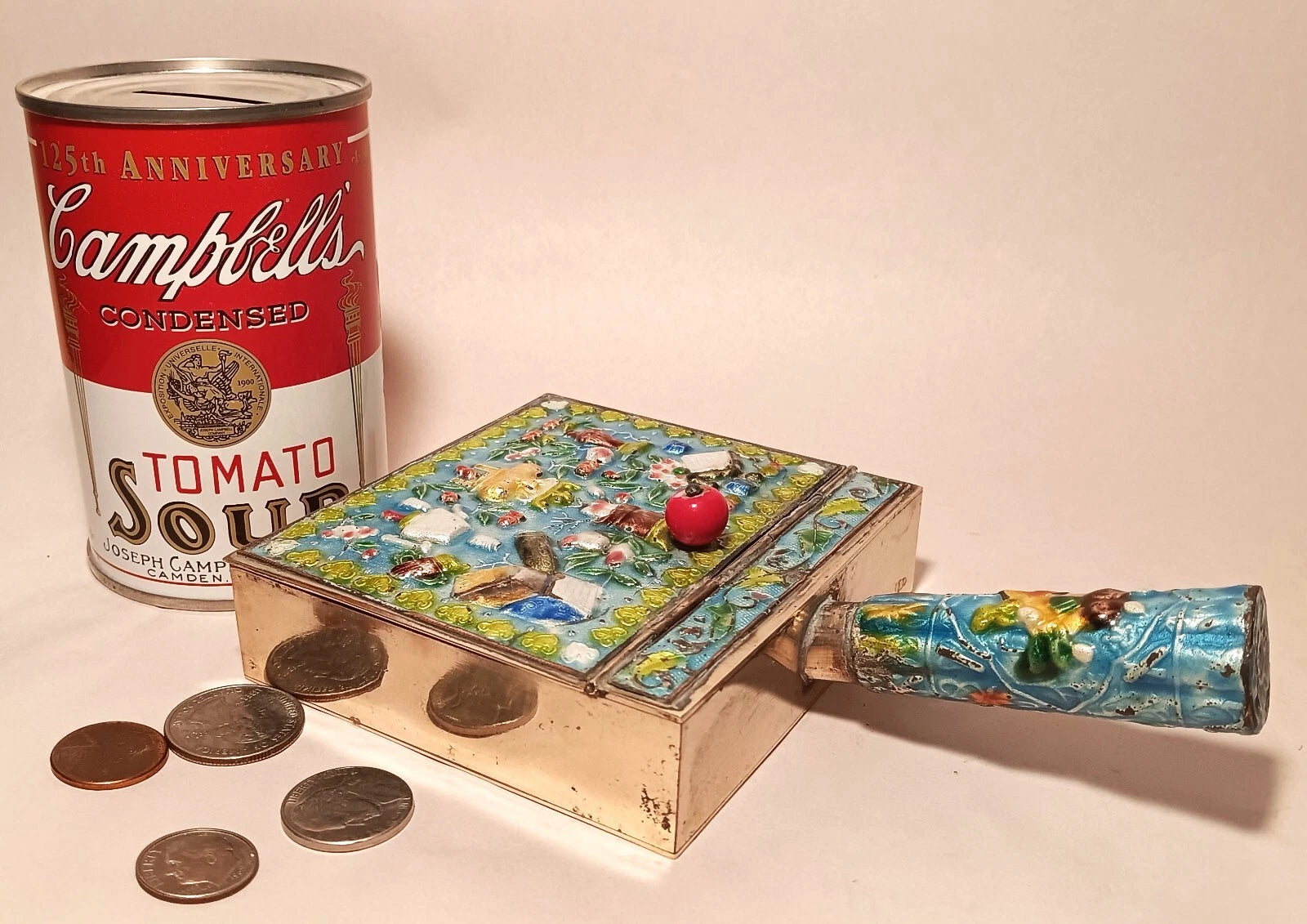 CRUMB CATCHER vtg chinese blue enamel cloisonne coin box teapot vase urn book