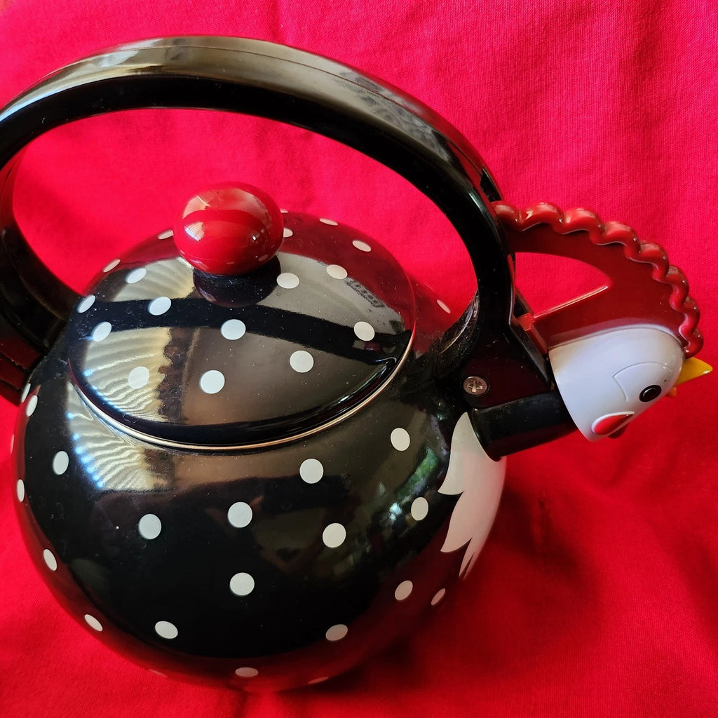 New Supreme Housewares Novelty Enamel Whistling Rooster Tea Kettle, Poka-dot