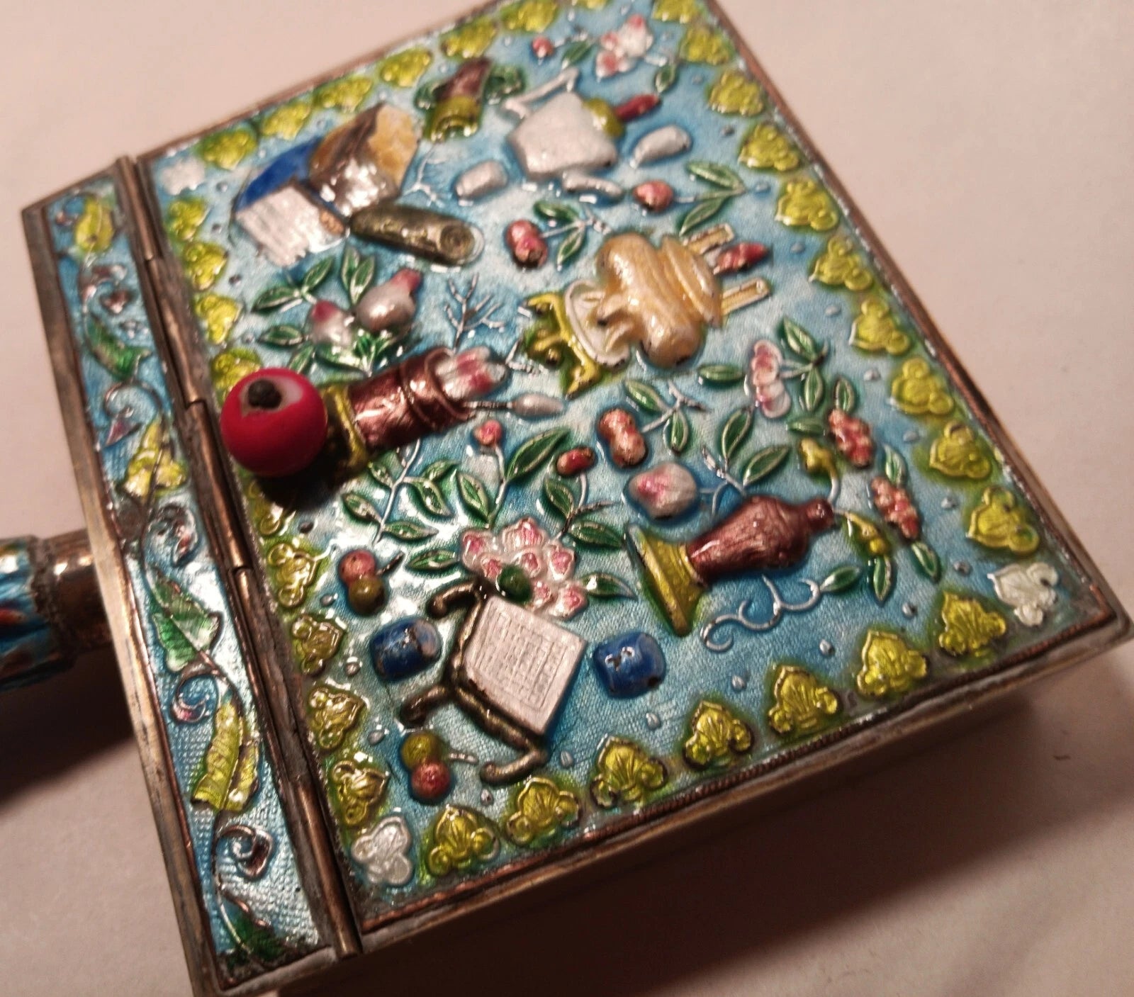 CRUMB CATCHER vtg chinese blue enamel cloisonne coin box teapot vase urn book