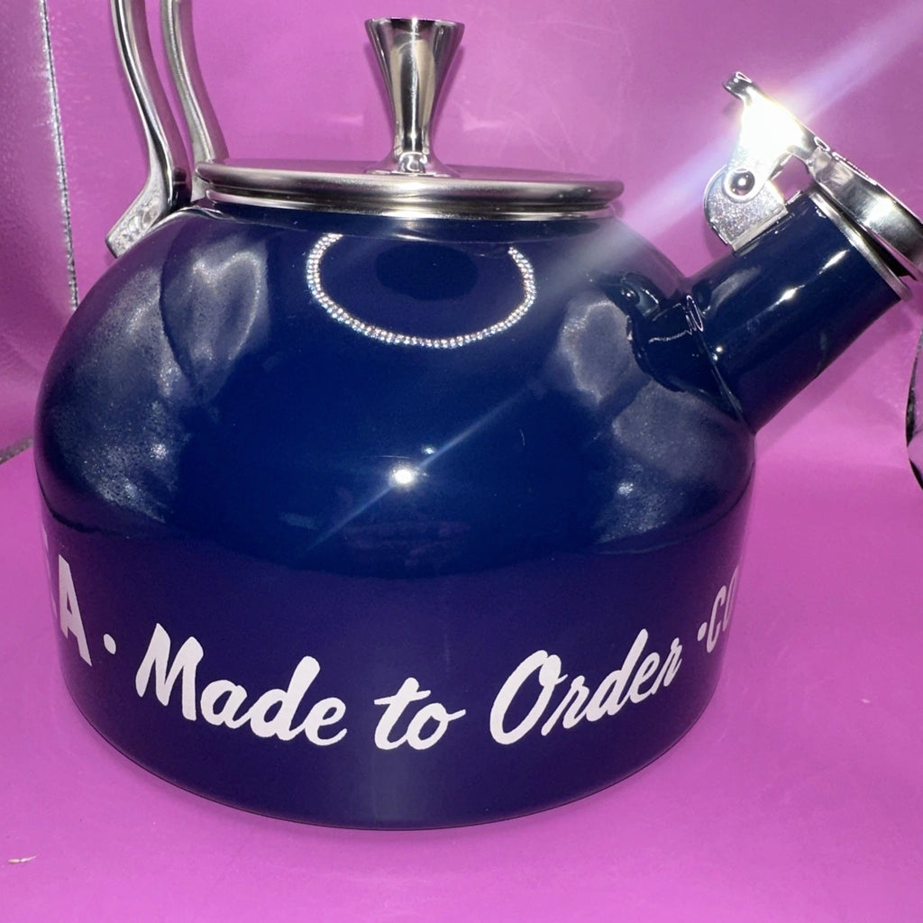 LENOX  KATE SPADE MADE TO ORDER COFFEE TEA KETTLE NAVY BLUE SILVER NICE COND