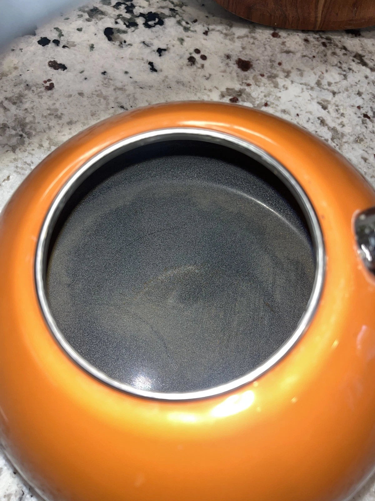 Vintage Copco Orange Enamel Whistling Tea Kettle Model 0706 Arc Handle