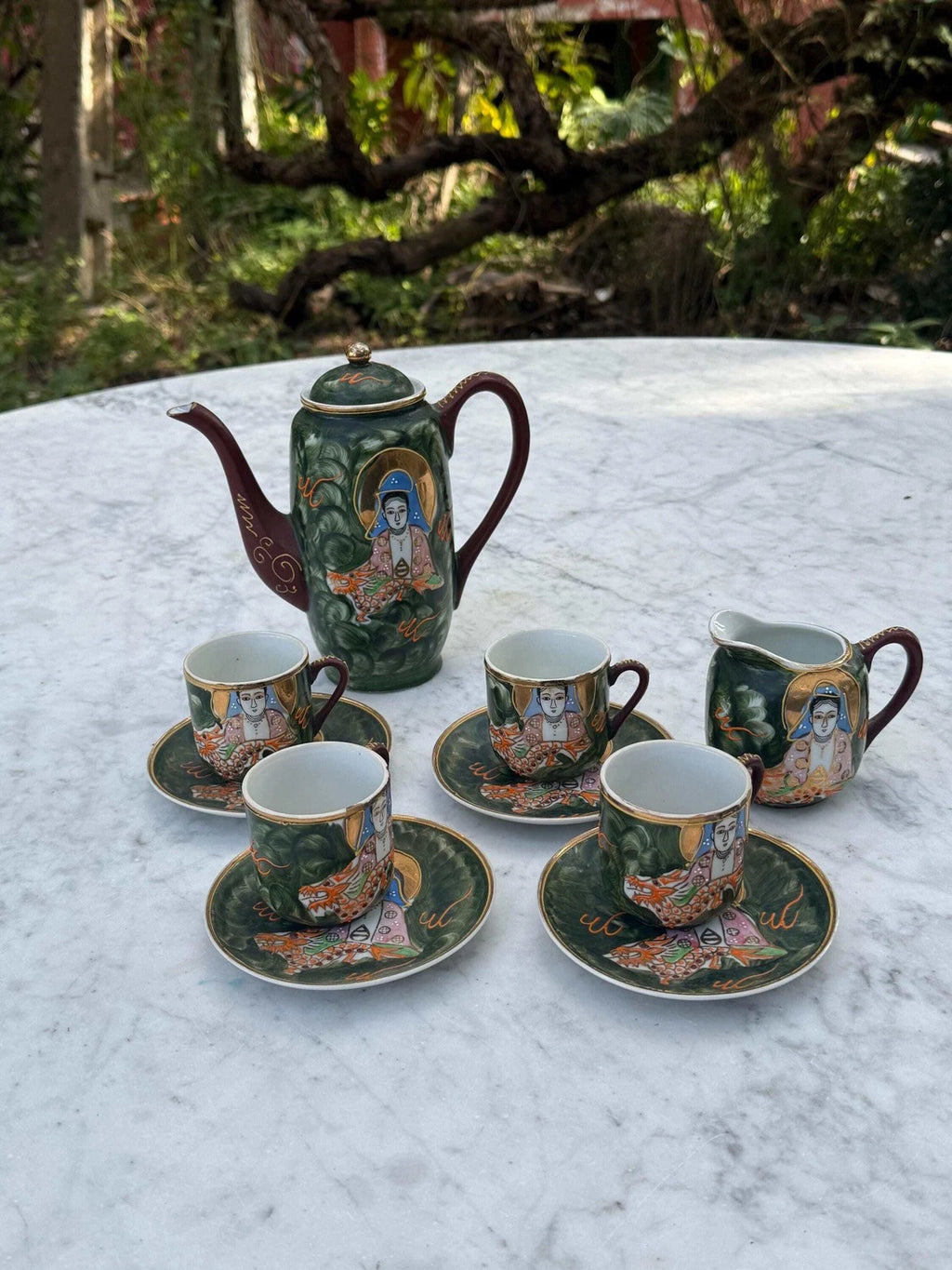 Vintage Hand-Painted Japanese Tea Set – Kutani Moriage Dragon Design, Made in Ja