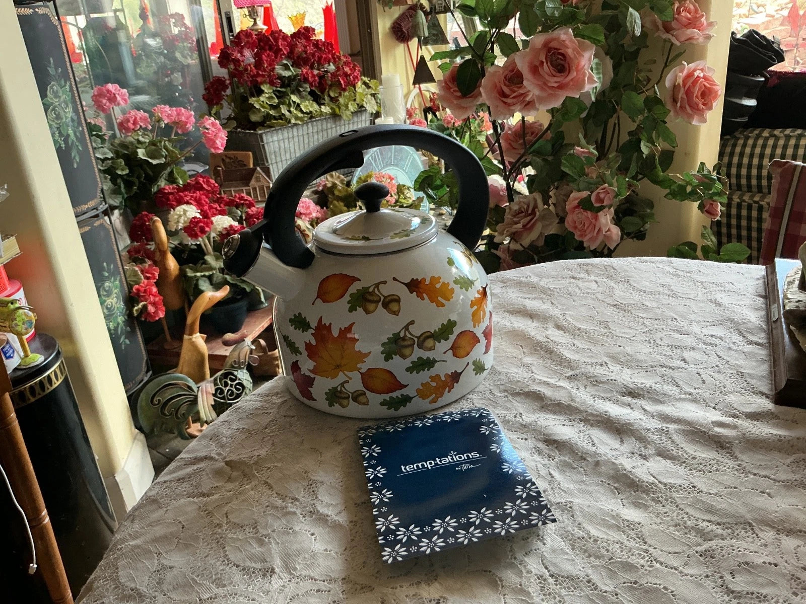 New Temp-tations 2.3-qt Enamel on Steel Tea Kettle Autumn.Fall Seasonal