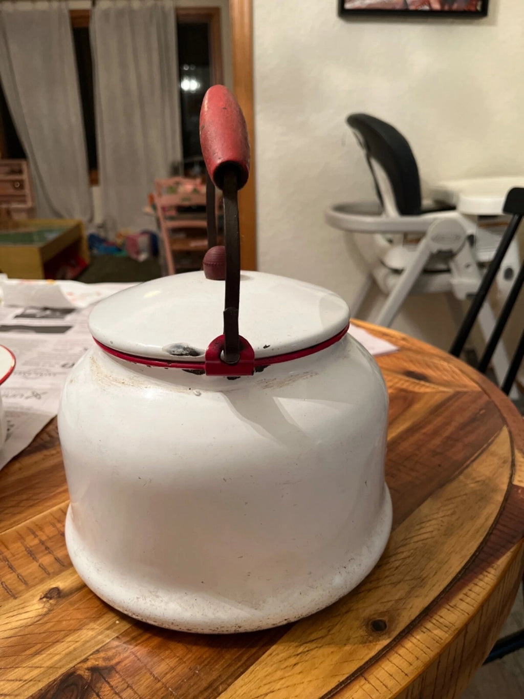 Large vintage enamel tea kettle with matching small basin