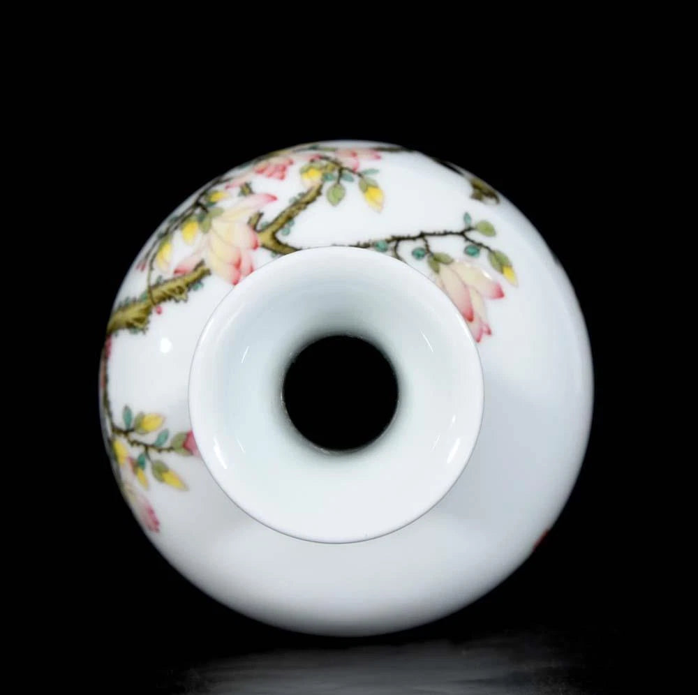 Qianlong Signed Pair Old Chinese Colour Enamel Vase W/bird N3736