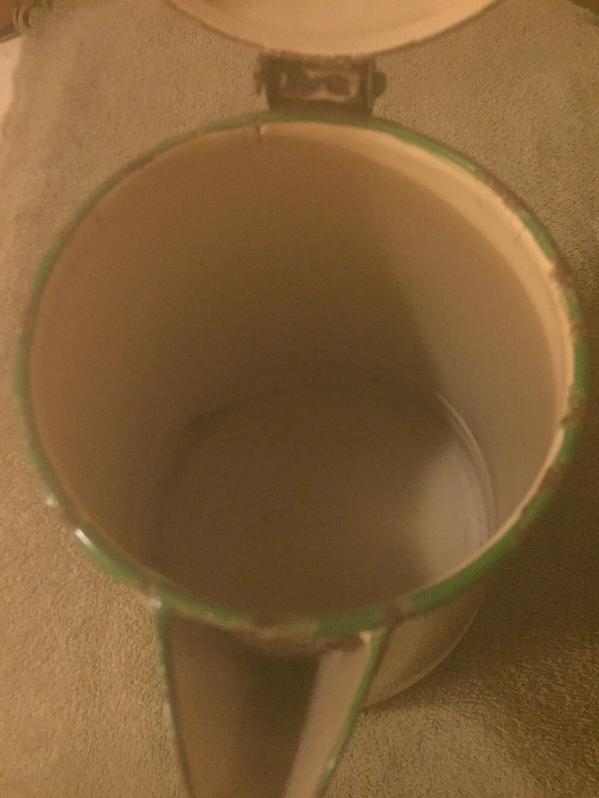 Vintage Cream-Beige and Green Enamelware Coffee Pot