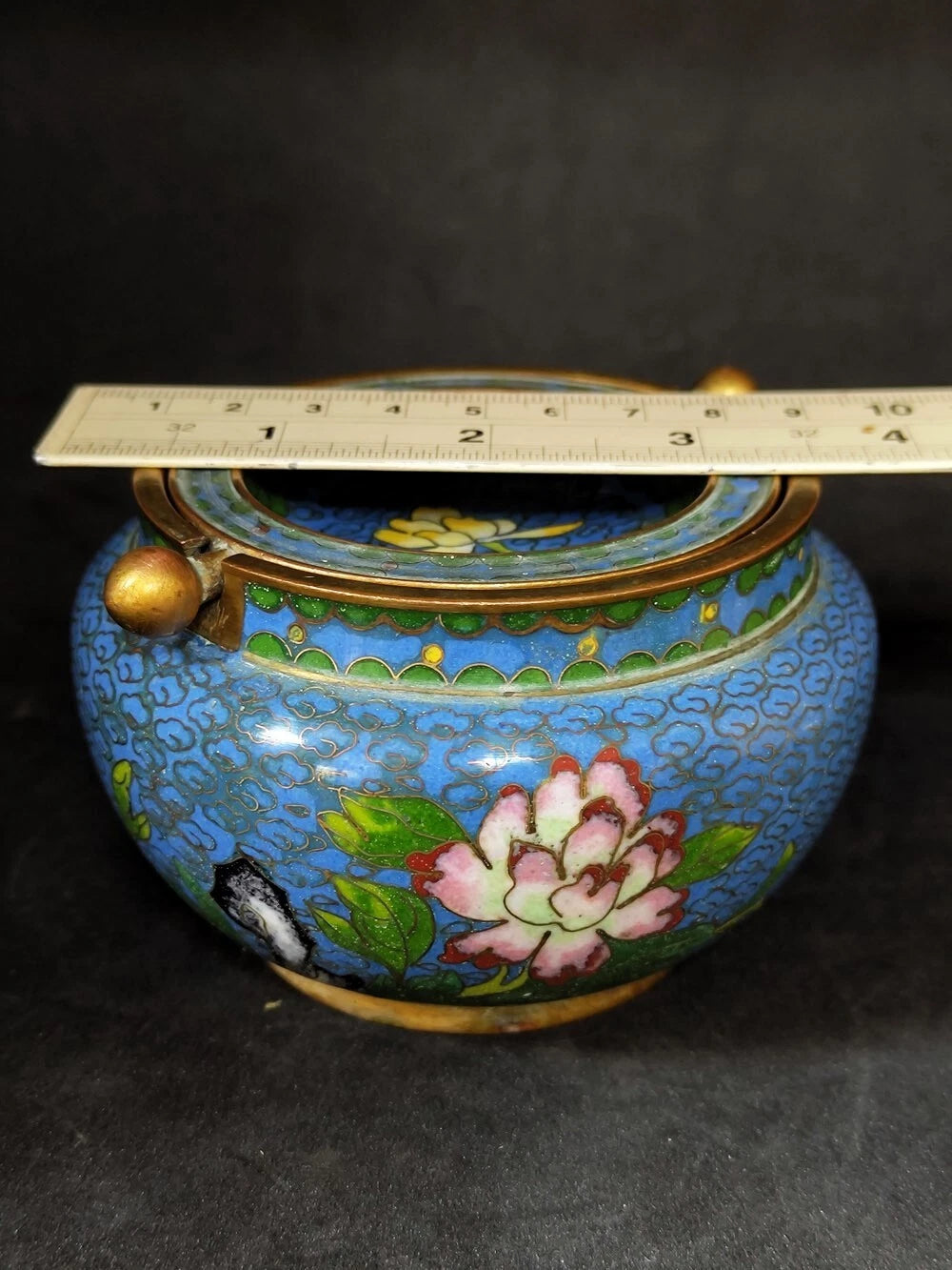 Chinese Antique Cloisonne Bowl Enamel Flowers Fine with Lid