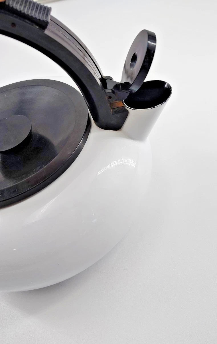 Vintage Enameled White 2 Quart Tea Whistling Kettle