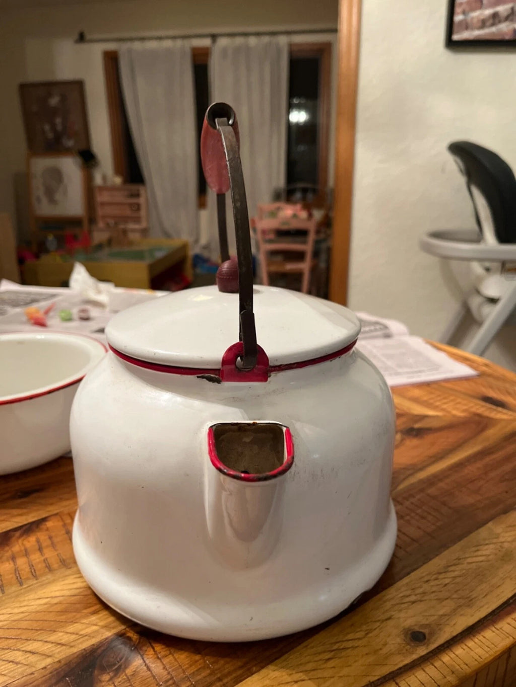 Large vintage enamel tea kettle with matching small basin