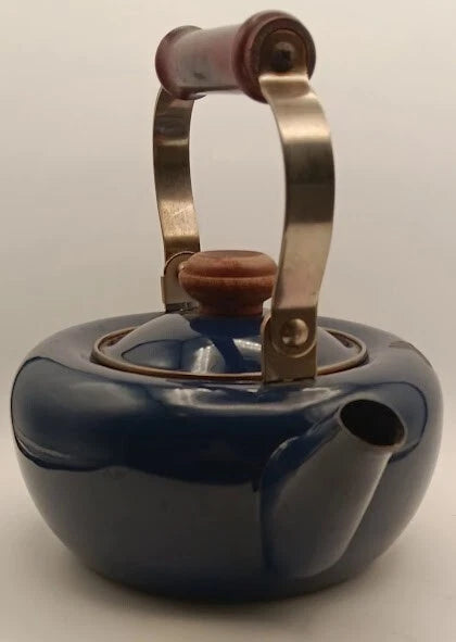 Blue Tea Kettle With Wood Handle * With Rust *