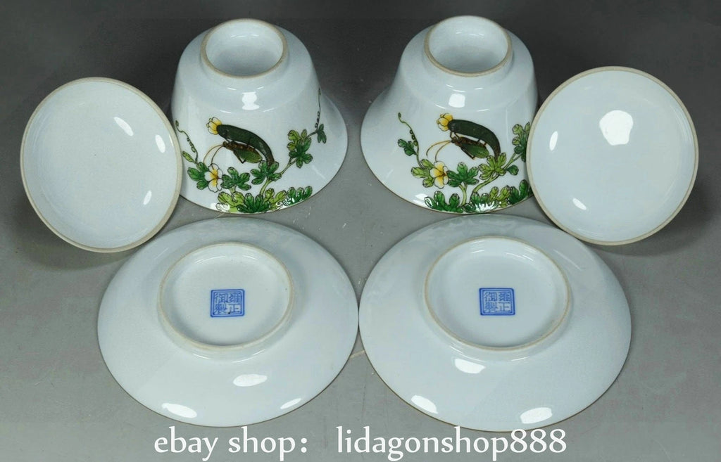 4.4" Old Chinese Yongzheng Enamel Porcelain Flower Fruit insect Bowl Pair