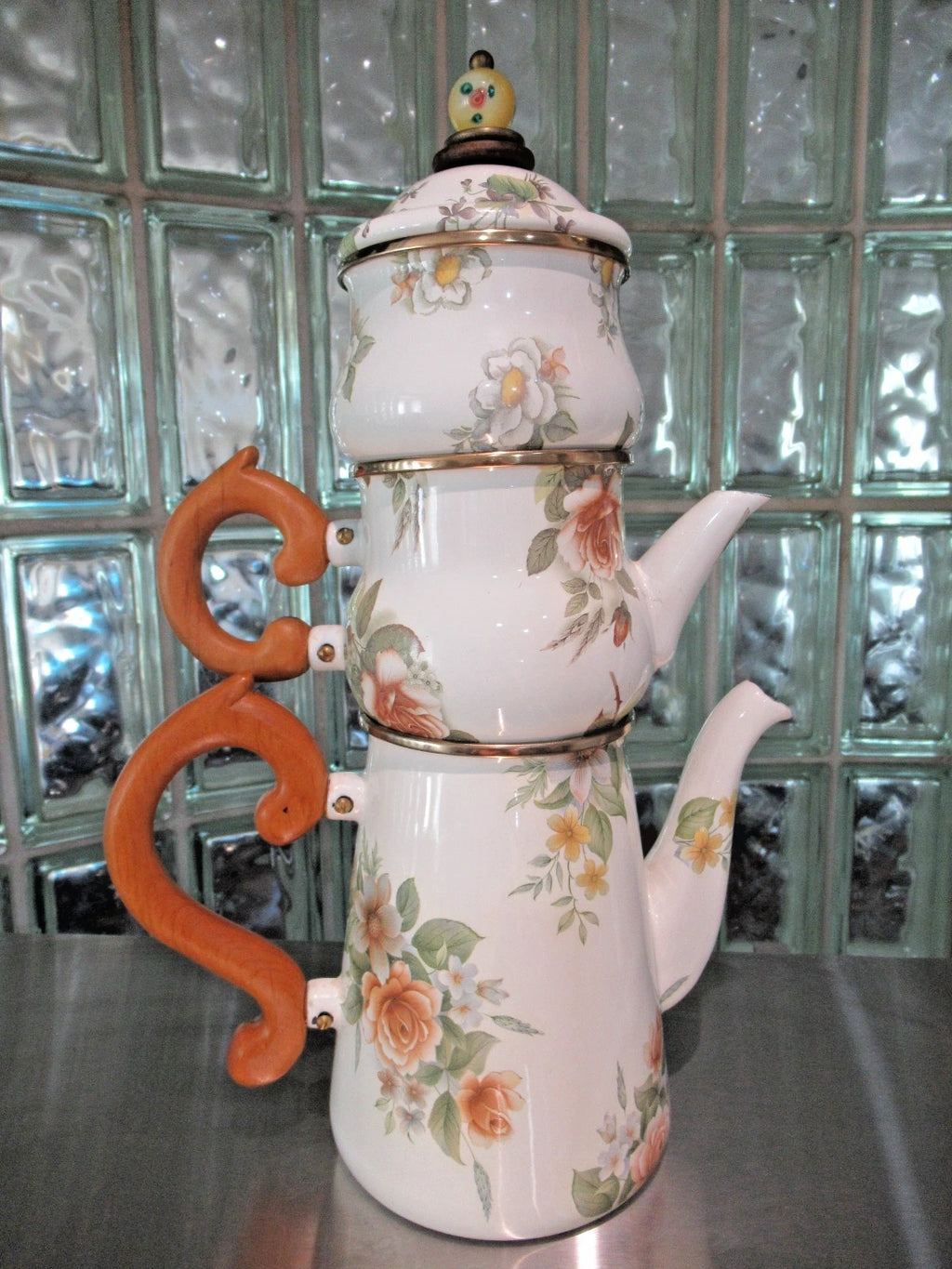 Camp MacKenzie Childs Ltd White Floral Enamelware 1995 3pcTea Set