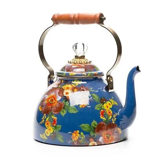 MacKENZIE CHILDS 3 QT BLUE LAPIS FLOWER MARKET TEA KETTLE BNIB