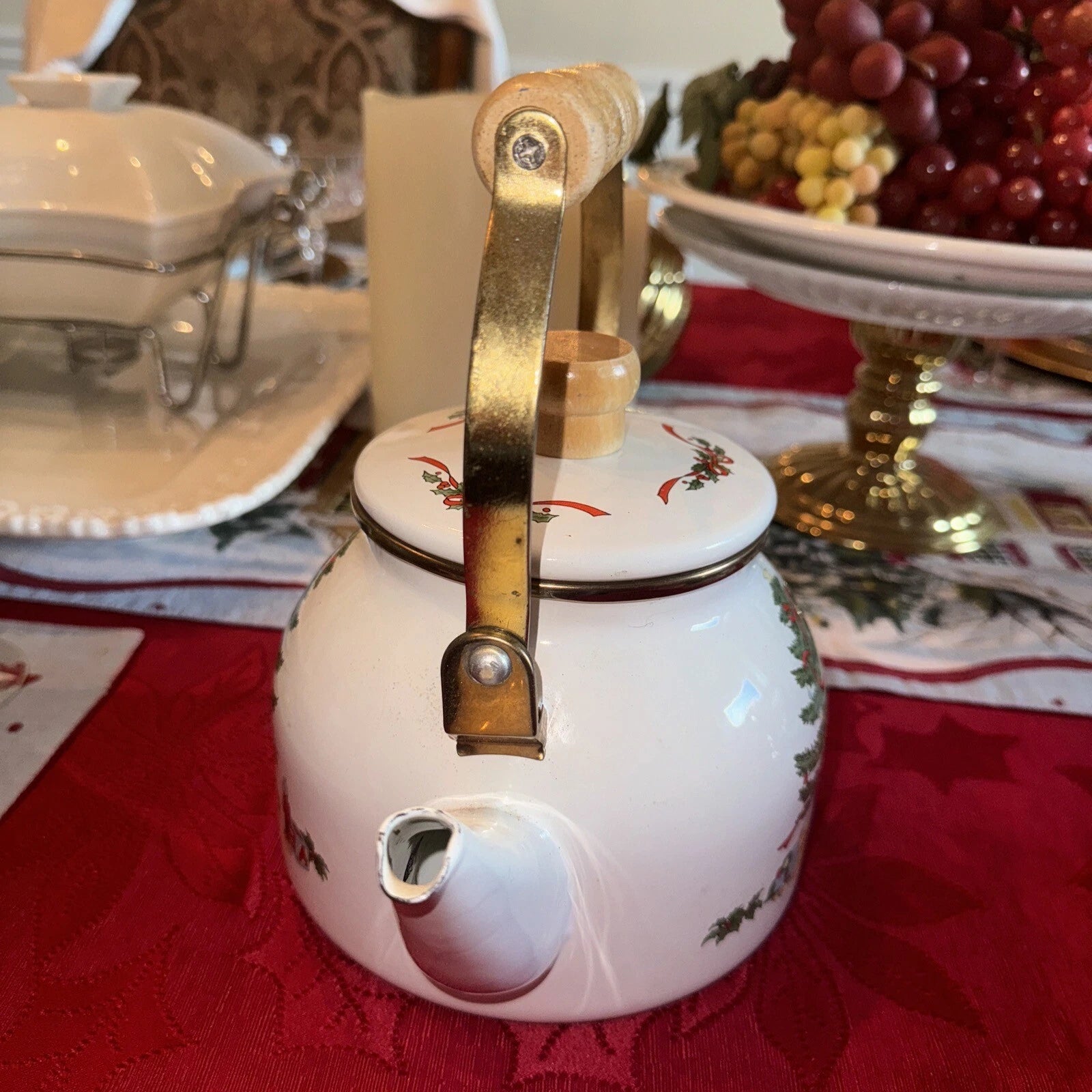 Christmas Tea Pot Vtg Enamel Wood Handle Christmas Tree Holiday Decor Kettle